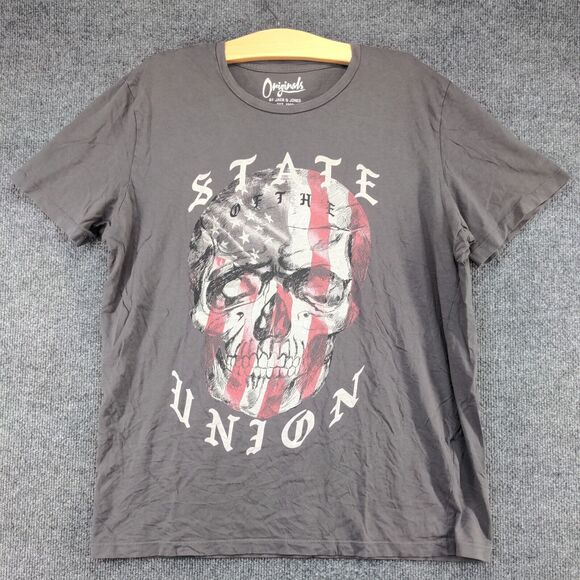 Jack & Jones Men's State of The Union Patriotic Shirt Gray Size XL Skull - Picture 2 of 13